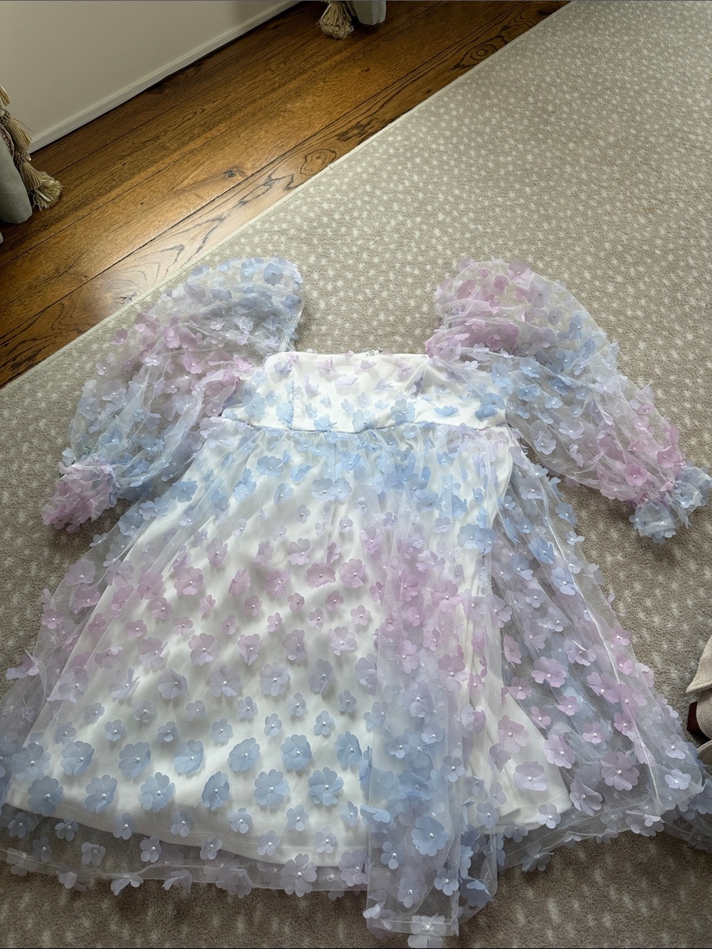 Storia White Dress with Pastel Blue and Pastel Pink Floral Appliqué